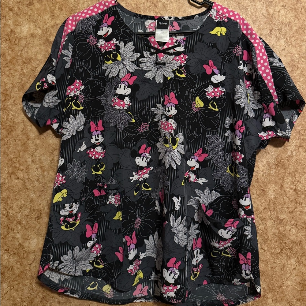 Disney Black Scrub Top with Pink and White Minnie Accents